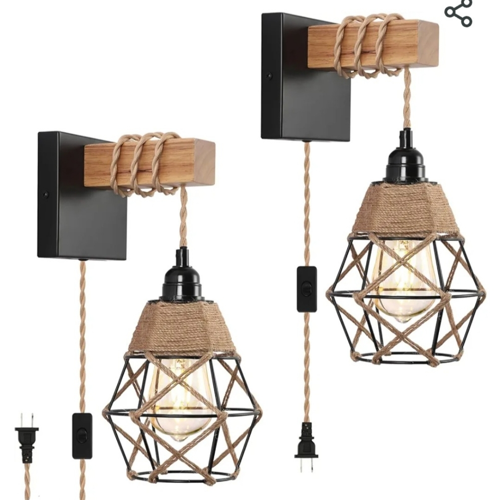 2 lamps NIB Swag style black cage in twine hang by long plug-in chain.